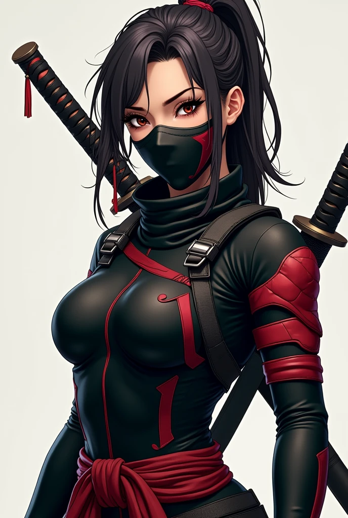 stunning rogue in red, lower face mask, she has long black hair pulled back in a ponytail, use deadly blade, fantasy illustration. image round frame integrated with whole composition