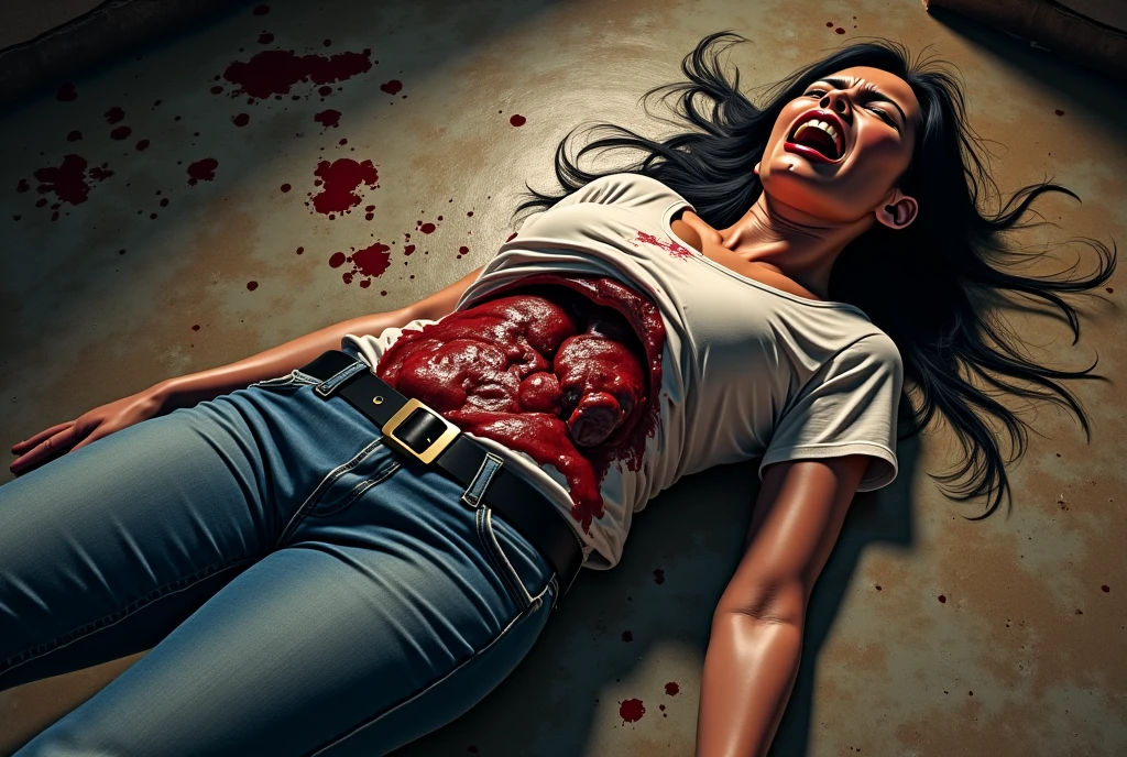 ((melhor qualidade)) ((hiper realista)) ((hiper detalhado)) sprawled of a Hot and beautiful brunette girl, with a perfect body and legs, big boobs, curly hair, beautiful nose, beautiful mouth, dressing sexy tshirt and shorts, murdered dead in a crime scene with small wholes in your body by gunshots, blood dripping of The body. Closed eyes