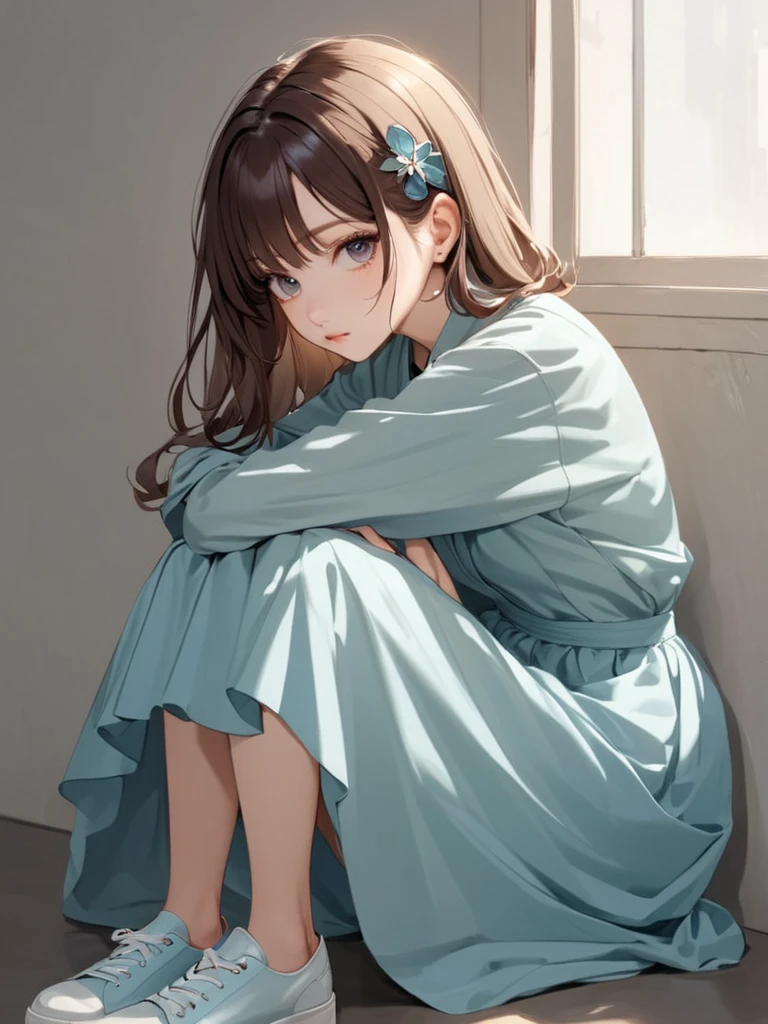 It's beautiful　eyes々Kurikuri girl　 sitting with your knees bent 　Shoes　Light blue clothes　 hair ornament　Dark brown hair