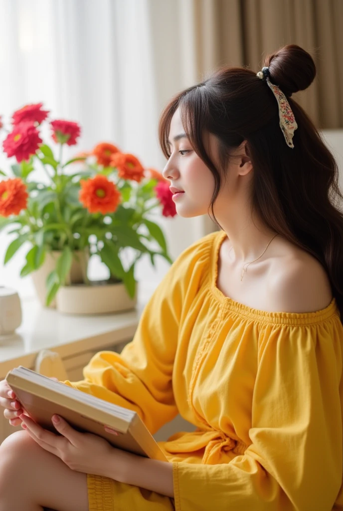 A photorealistic depiction of a lovely young woman sitting in a cozy bedroom setting, dressed in a bright and cheerful Barbie-inspired frock, holding a book in her right hand while gazing wistfully out the window. The window itself is adorned with a vibrant floral arrangement, casting a warm glow onto her serene facial expression as she loses herself in thought.