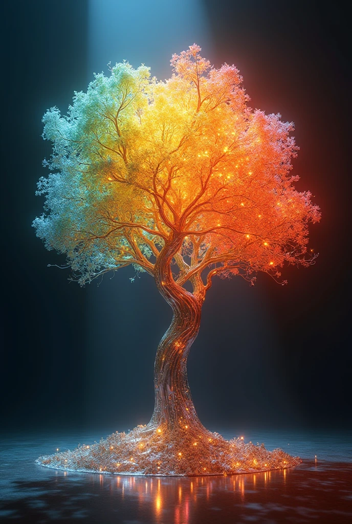 a glass tree, shimmering bright, sunrise settings, hyperreal, hyper detailed, extremely detailed glass textures, refracting light, glowing, ethereal, surreal, cinematic lighting, dramatic chiaroscuro, volumetric lighting, god rays, hyper realistic, 8k, photorealistic, masterpiece