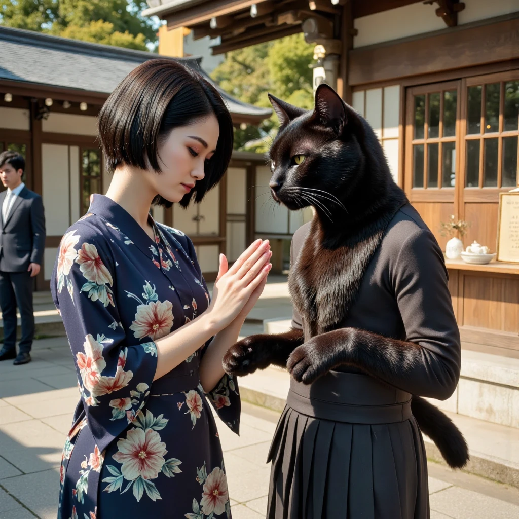  atmospheric perspective  , 8k,  super detailed  , Accurate, top quality, Fine resolution ,( realistic,photo realistic,photo- realistic:1.37), (1.Black Cat Kat Si ), (1. Japanese women), 黒猫のワンポイントの付いた紋付き袴を着用して目を閉じて両手を合わせるスコティッシュフォールドの  black cat ((Cait Sith))、 2本足で歩く人間の背丈と同じくらいbody格の良いスコティッシュフォールドの  black cat ((Cait Sith)) body、  small droopy ears  、Narrow eyes, Thread、head , Chest, Her stomach hair is brown  、  a humorous worldview where the domestic cat, Black Cat, acts like a human 、 二人並んで視聴者にheadを下げる仕草で、 Solemn first visit scene 、 background Japanese shrine、飼い猫の black cat が人間のように振る舞うユーモラスな世界観、  black cat 。