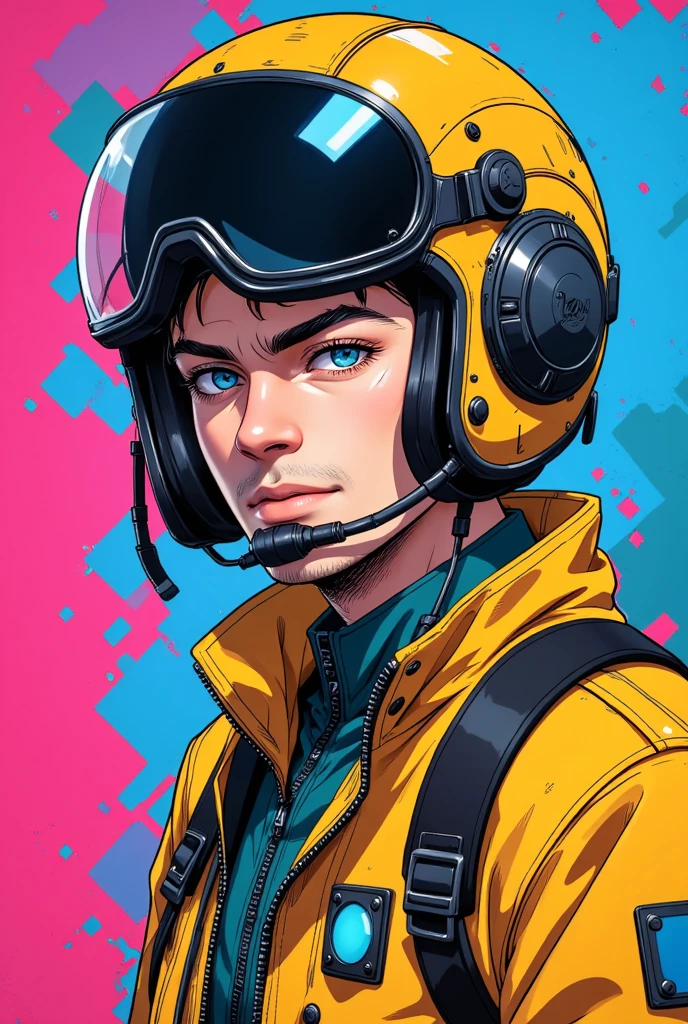 ((Masterpiece)), (best quality), (ultra-detailed), (ultra high-res), (detailed background), ((cyberpunk)), ((flat color)), ((colorful)), A **male pilot** in a **cyberpunk setting**, drawn in **anime style**, wearing a **pilot helmet** and a **pilot jacket**, looking directly at the viewer. The composition focuses on his **upper body**, depicted in a **cowboy shot** style. The background is **colored** with high contrast, using **contrasting colors** to highlight the figure. The scene exudes a vibrant **cyberpunk** atmosphere, blending **bold colors** and a futuristic aesthetic. **(solo, cyberpunk pilot, colorful background, high contrast, pilot helmet, upper body, flat colors, anime style)**.  