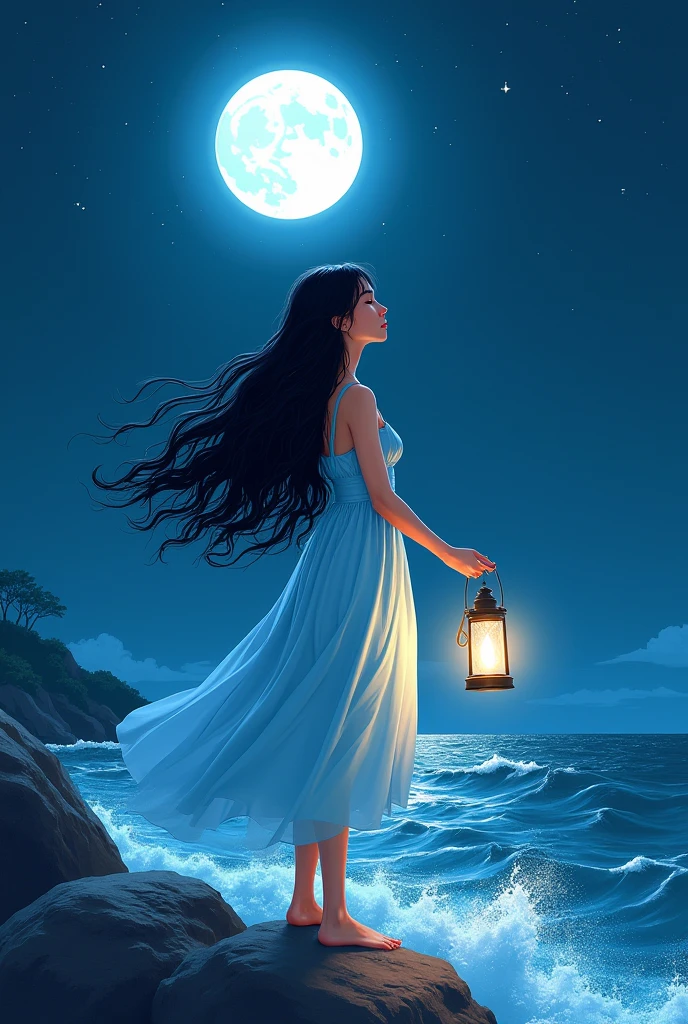 A catoon illustration of a young woman with long, flowing black hair stands on a rocky shoreline at night, holding a lantern that emits a soft, ethereal blue glow. She is wearing a flowing pale blue dress that billows gently in the sea breeze. The waves crash gently at her feet, and the full moon above illuminates the scene with silvery light. Her expression is serene yet mysterious, and the stars sparkle vividly in the background. Focus on intricate details in her dress, the lantern’s glow, and the shimmering reflections on the water.