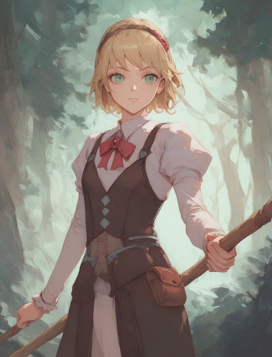 masterpiece,  top quality , up to date,  absurd,  high res,  1 girl, Alone, yuno-mlf  , Blonde,  green eyes,  short hair,  , 
  Yuno tournament costume, 
Outdoor, forest,  cowboy shot,   wooden spear  ,