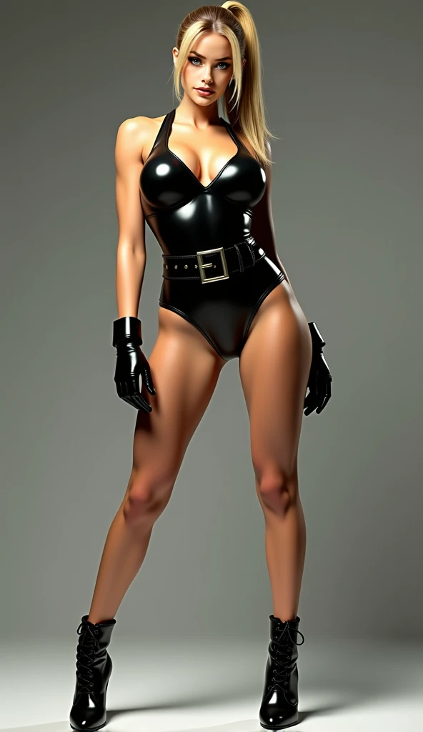 Sexy Hermaphrodite, Plump, pursed lips, Smooth Skin, Blonde with bangs..Crystal blue eyes with smoky eyeshadow and black eyeliner, Black semi-matt lipstick, Dark Skin, A frivolous, proud smile, Blonde Bob.body image、Plain white background、Black thigh-high boots with black stiletto heels,Black harness。、Full body angle from the side、BDSM、Pin-up girl style