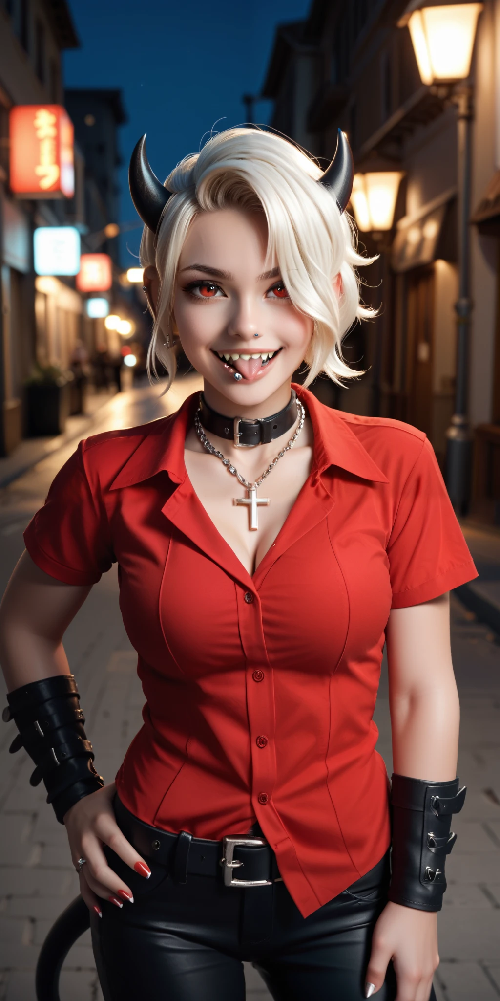 zdrada, a detailed 3D rendering of a street at night, 1 girl, horns, necklace, jewelry, tail, red eyes, piercing, tongue, demon tail, hair over one eye, teeth, ground, shirt, sharp teeth, cross, white hair, pants, breasts, tongue out, belt, short hair, black pants, red shirt, demon horns, white background, demon girl, cross necklace, choker, black horns, looking at viewer, black belt, ear piercing, plain background, cleavage, tongue piercing, nose piercing, hand on own hip, open mouth, heart, earrings, smile, black choker, medium breasts, cowboy photo, collared shirt