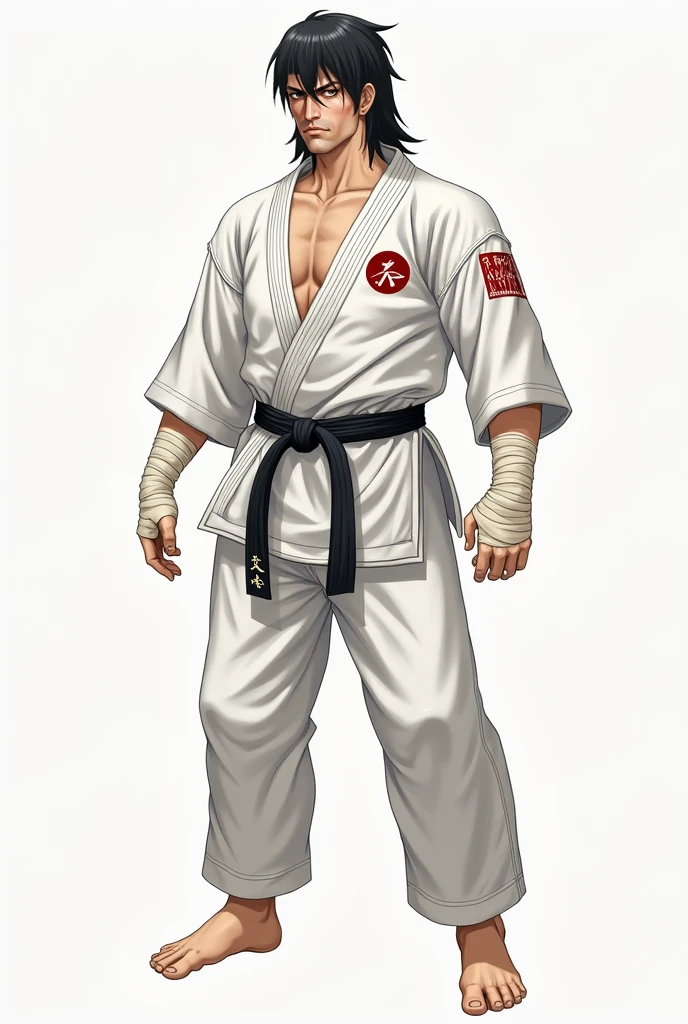 Guy in a karate gi looking down with fists at his side