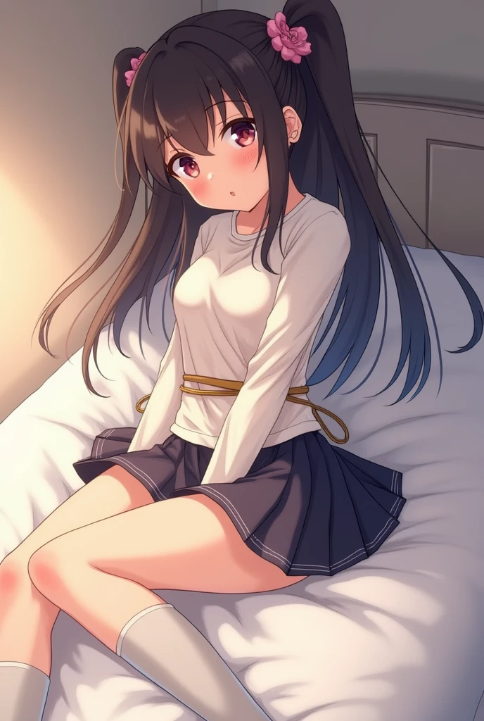 (masterpiece、Highest quality、High resolution、Realistic photo、Real looking skin:1.1)、
(A woman sits cross-legged on a bed:1.8)、
(Her legs are crossed so her panties are visible:1.8)、
(She has a grinning smile:1.5)、
(She has a mature look:1.8)、
(She is wearing a sleeveless turtleneck T-shirt:1.5)、
(She is wearing a mini pleated skirt.:
1.5)、
(She is wearing white socks:1.5)、
(She has long brown hair.:1.5)、
(The location was on the bed in the apartment's bedroom.:1.5)、
1 Japanese Girl、solo、Full Body Esbian、Beautiful Eyes、Shining Eyes、Shining thighs、NSFW