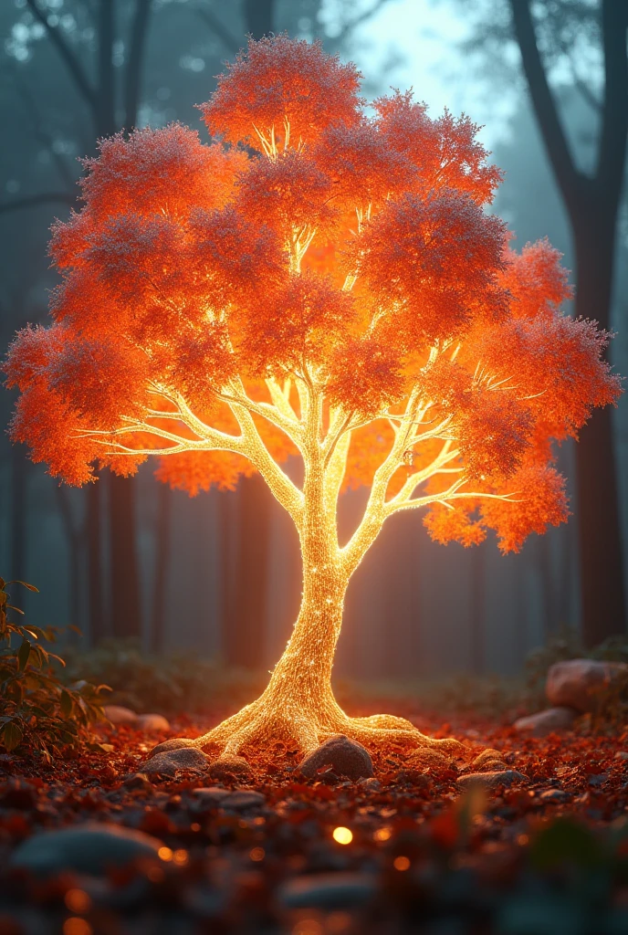 a glass tree, shimmering bright, sunrise settings, hyperreal, hyper detailed, extremely detailed glass textures, refracting light, glowing, ethereal, surreal, cinematic lighting, dramatic chiaroscuro, volumetric lighting, god rays, hyper realistic, 8k, photorealistic, masterpiece