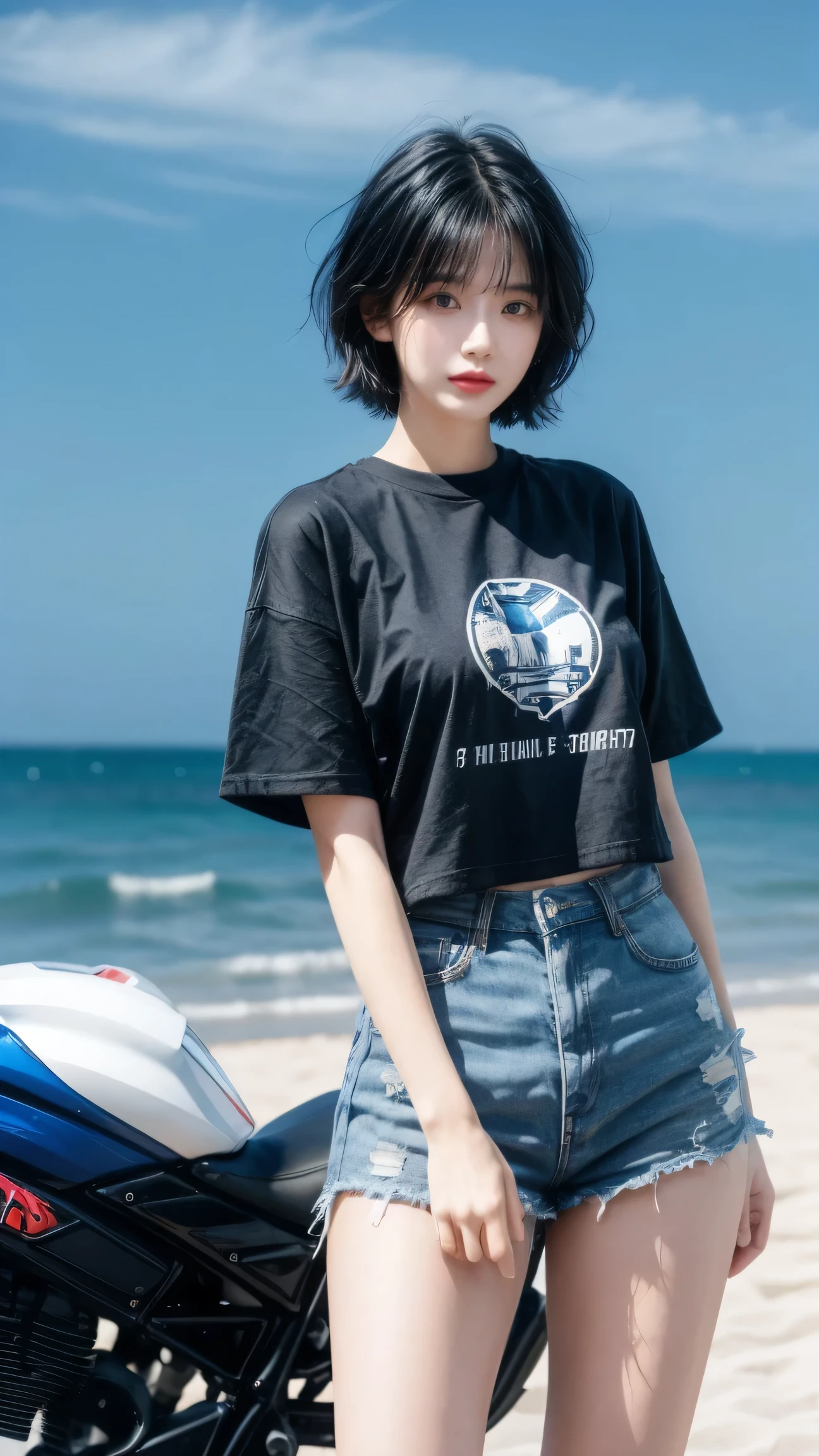 best quality, 1 Girl, dark blue hair, black eyes, Very short hair, Spiky hair, tShirt white, High waist short white, 171 cm, Messy hair, Hair between the eyes, Medium breasts, full, Tomboy, aldult, 20 years old, 1 Girl with yatch black luxury at the sea