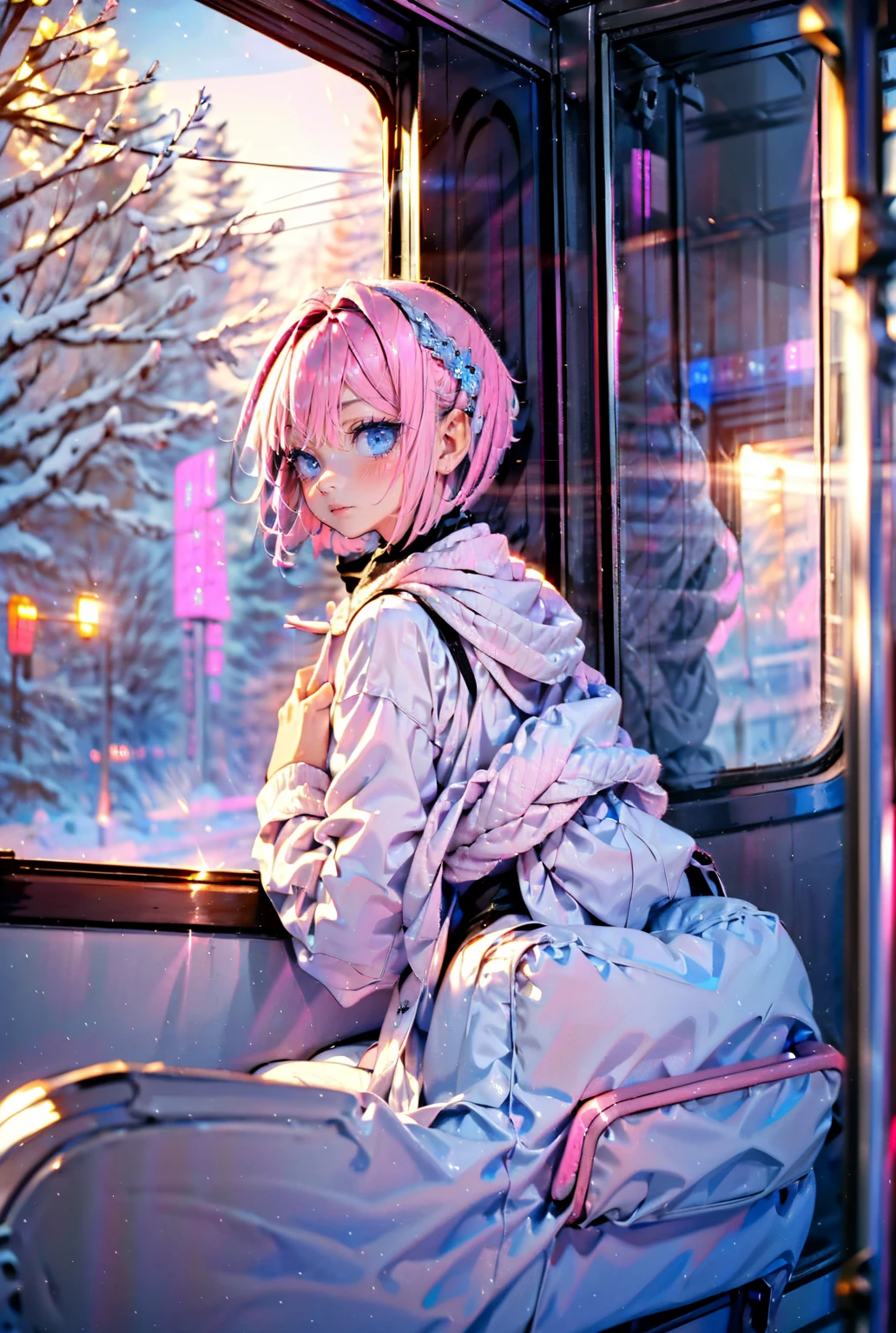 1girl,cute,solo,(((pink short hair,blue eyes))),
in train,the window at the snow,from side,