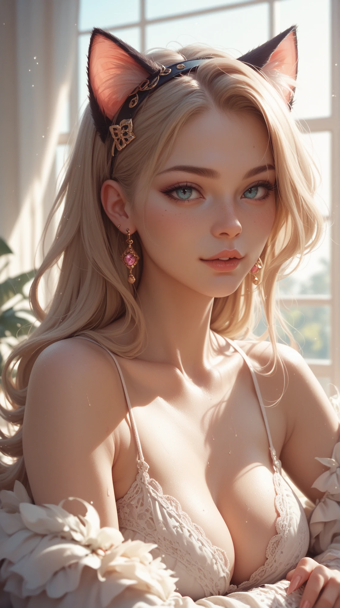 (high quality,4K,8k,high resolution,masterpiece:1.2),Beautiful and delicate eyes,Beautiful and delicate lips,Extremely detailed eyes and face,long eyelashes,(portrait:1.1),Gorgeous,smiling,fashionable,ethereal,Obsessed,fantasy,flowery,fantastic,Beautiful garden setting,soft sunshine,romantic atmosphere,whimsical,Perfectly flowing hair,bright colors,Feminine,fashionable着装,Loving gaze,Beautiful features,Moderate,beautiful,happiness,[freckle],charming,wonderful,carefree,perfect complexion,divine being
