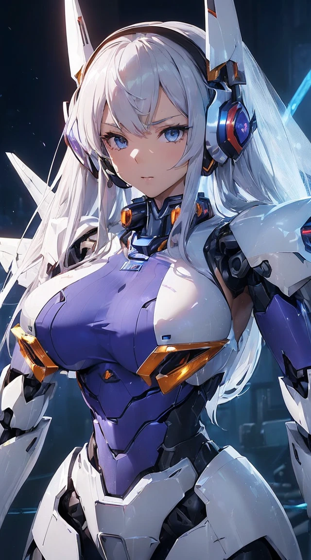 ((Intense action pose:1.6))、((Shining lenses on both breasts:1.3))、((Blue pillars of light are emanating from both chests.:1.3))、smile、((8K)), ((32k)), ((Highest quality)), ((masterpiece)), ((超A high resolution)), ((Tmasterpiece)), ((Halation:1.4))、((Mechaニカルheadgear:1.2))、((Cyber Headphones:1.3))、Fine skin, High quality fabric, Fine metal texture、((High ponytail:1.6))、((Beautiful and dense face))、RAW Photos、Professional, Ultra-fine painting, ((alone)), Beautiful breasts、Highest quality, Very detailed, Very detailed詳細, Finer details, so beautiful, ((Princess Knight Robot:1.2)),  (Joints of machines, Mechanical Limbs:1.3), (The internal structure of the machine is exposed:1.3), (Long silver hair:1.1), (Beautiful and huge mechanical breasts)、White Veil, cowboy_shot, Side Focus, headgear, Shiny、(Five Fingers, Four fingers and thumb),Concept Art, Anime fantasy artwork, Detailed fantasy art, (with pale blue-violet hair and large white wings,,,,,,,), (((Long silver hair))), (Mecha:1.6)、Sleek and intimidating design, ((Commander-in-Chief&#39;arm)), (Perfect robot body)、純白と青紫armまたは, Symmetrical wings, 8K high quality, detailed art, 3D rendering of character art in 8K, neat legs, Defined, Defined fingers,