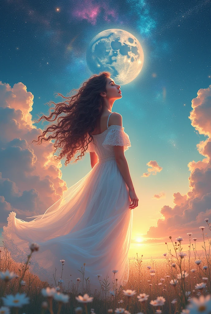  cute  in a white floral dress、 moonlight brightly illuminates her appearance、Long flowing curly hair 、Twinkling Star々and a stunning universe、Swirling Galaxy、The sea of clouds glows brightly in rainbow colors and perfectly frames the stunning cosmic background with 、Flowers in the prairie 、 manga anime style 、 high image quality、masterpiece、