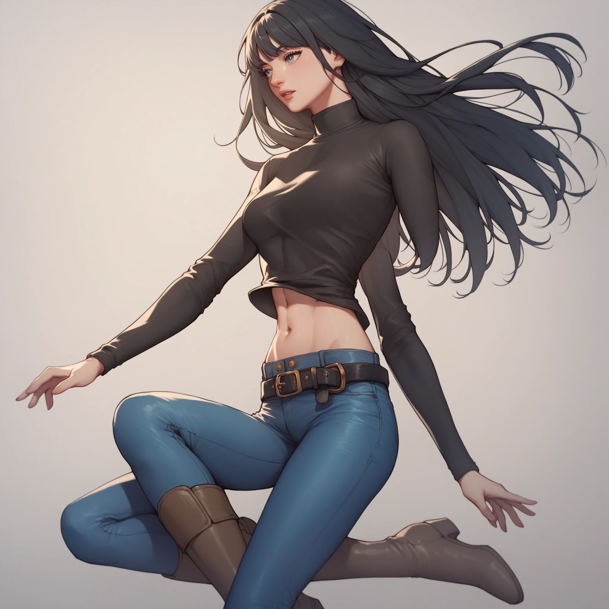 score_9, score_8_up, score_7_up, kang yuna, blueish-gray eyes, black hair, long hair, medium breasts, navel, belt, black turtleneck,  long sleeves, blue jeans, brown knee boots,