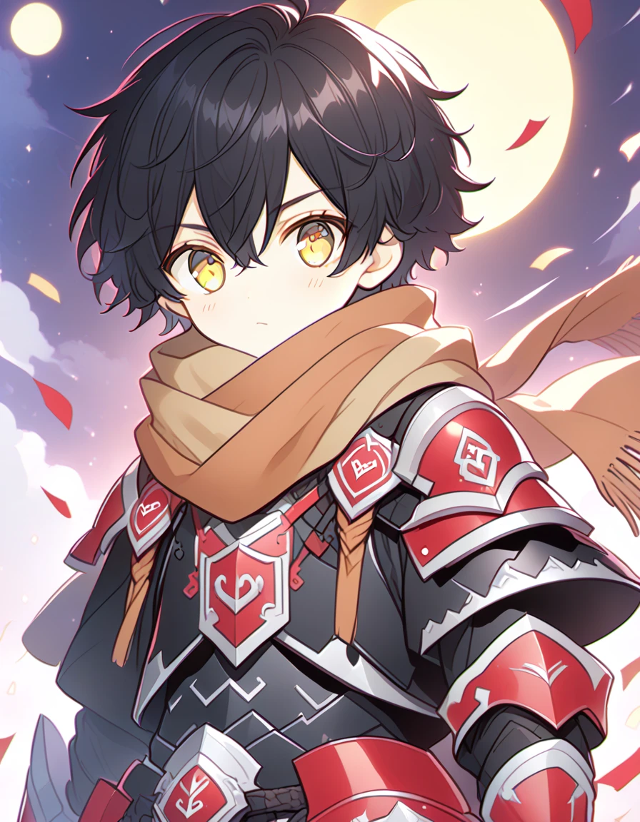 Detailed 8k cute theme , Boy in the scarf , short disheveled black hair and yellow eyes wearing black and red runic armor with full moon in the background