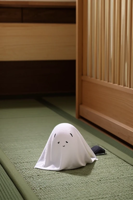 The ghost in the gap 、 crawling up through a gap between tatami mats {x} and a thin ghost like cloth crawling up through the gap、The 、 background has no width and is smooth 、 is a room in a Japanese house 、