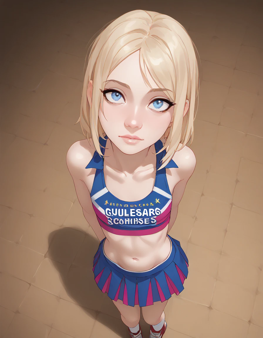 source_animated,  score_9,  score_8_above,  score_7_above,  score_6_above,  score_5_above,  score_4_above, 
1 girl, Alone,  small breasts ,  looking at the viewer , Blue eyes, skirt, blonde hair,  medium high , belly button, neckline, collections, cheerleader, nude
