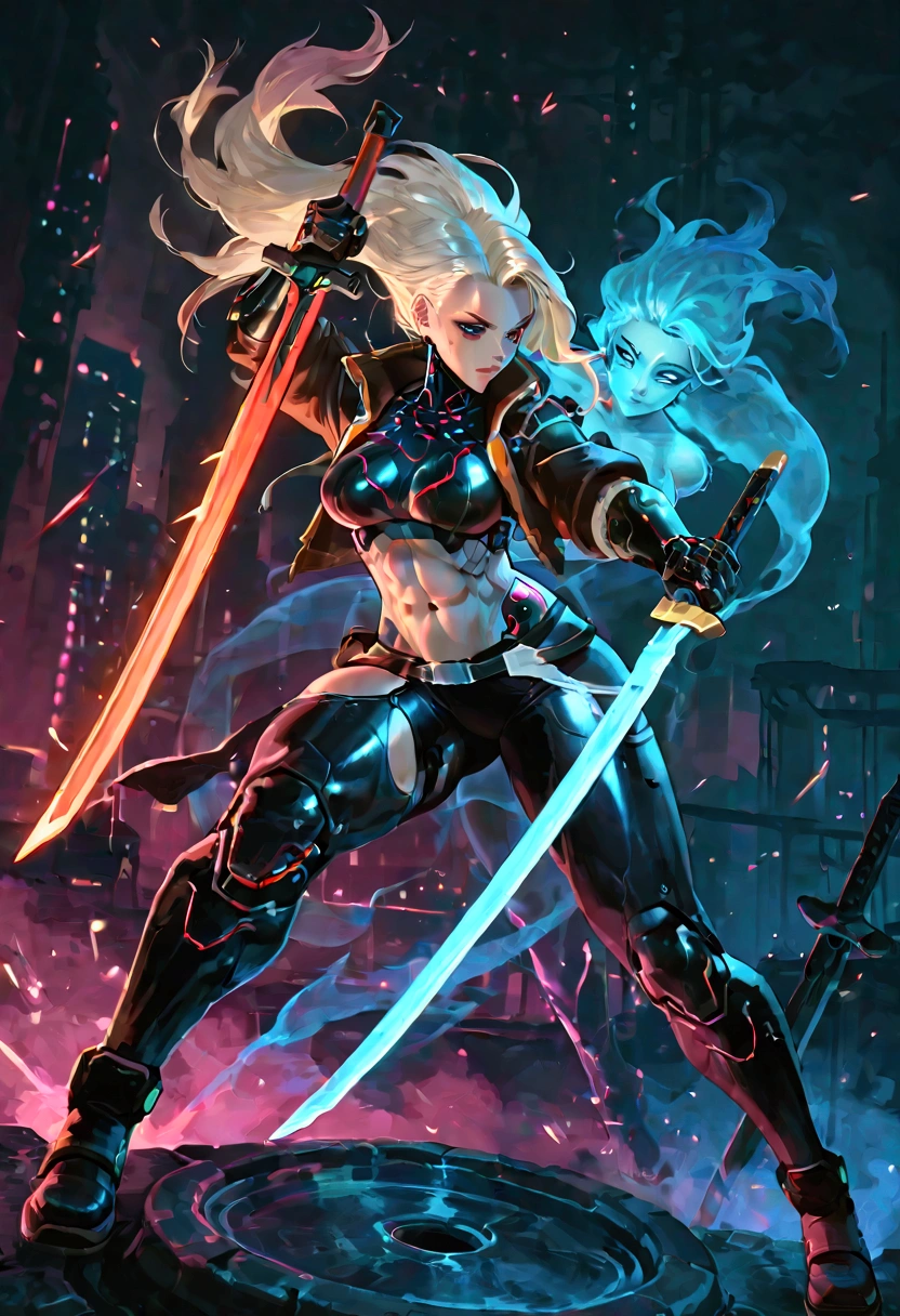 Female cyborg ghost warrior, wearing cyberpunk barbarian clothes, sexy, well-toned abs, fighting with a sword, cyberpunk, fighting