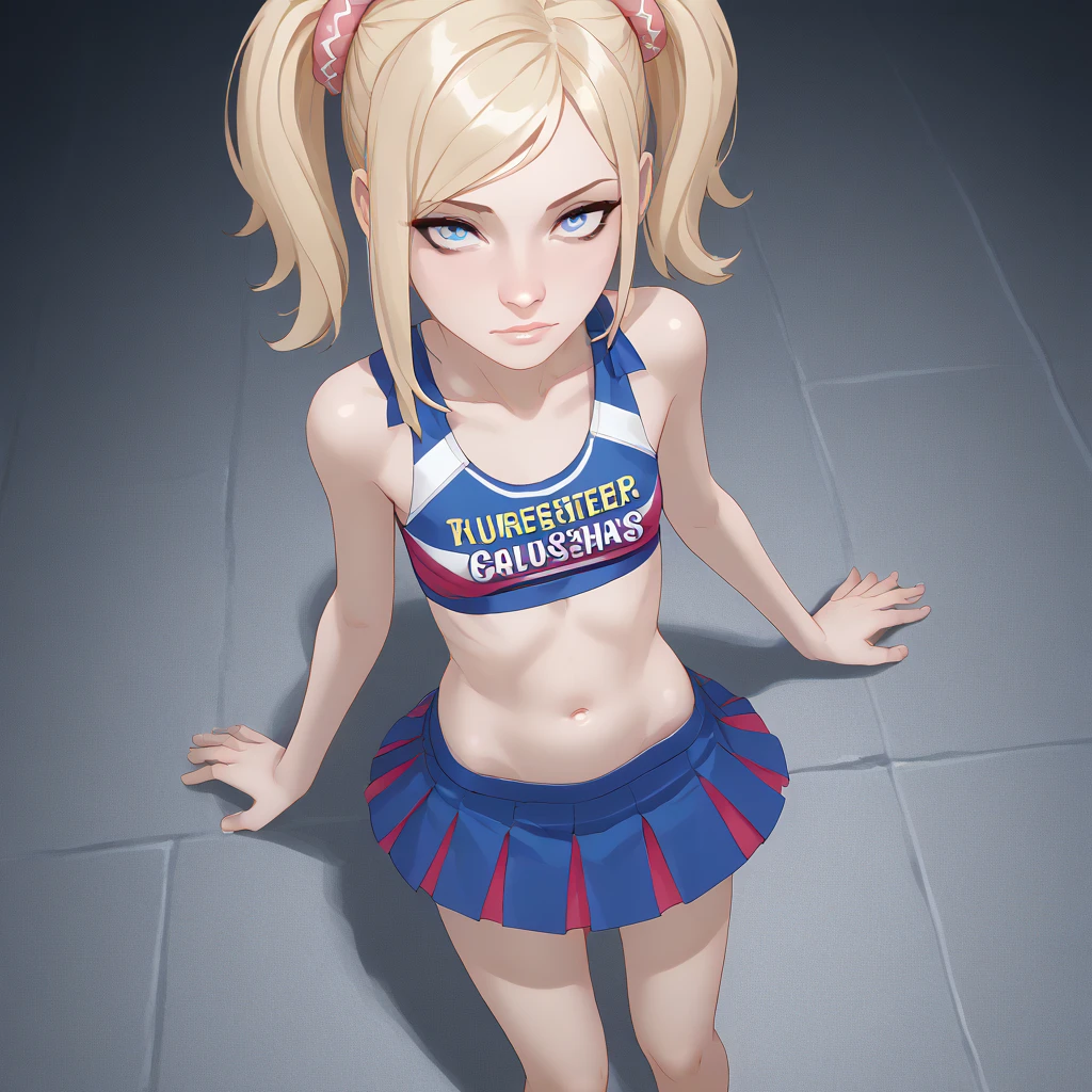 source_animated,  score_9,  score_8_above,  score_7_above,  score_6_above,  score_5_above,  score_4_above, 
1 girl, Alone,  small breasts ,  looking at the viewer , Blue eyes, skirt, blonde hair,  medium high , belly button, neckline, collections, cheerleader, nude
