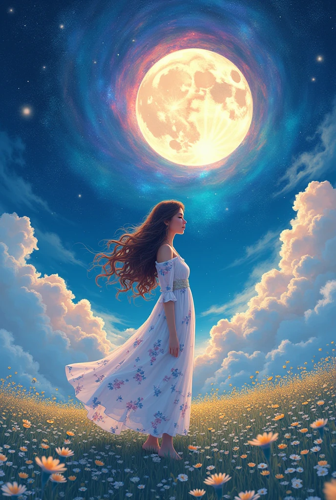   cute  in a white floral dress、The moon brightly illuminates her figure 、Long flowing curly hair 、Twinkling Star々and a stunning universe、Swirling Galaxy、The sea of clouds glows brightly in rainbow colors and perfectly frames the stunning cosmic background with 、Flowers in the prairie 、 manga anime style 、 high image quality、masterpiece、