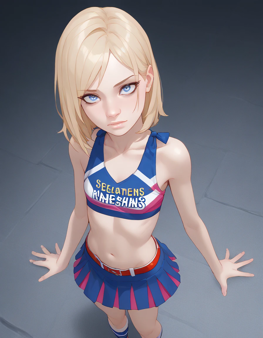 source_animated,  score_9,  score_8_above,  score_7_above,  score_6_above,  score_5_above,  score_4_above, 
1 girl, Alone,  small breasts ,  looking at the viewer , Blue eyes, skirt, blonde hair,  medium high , belly button, neckline, collections, cheerleader, nude
