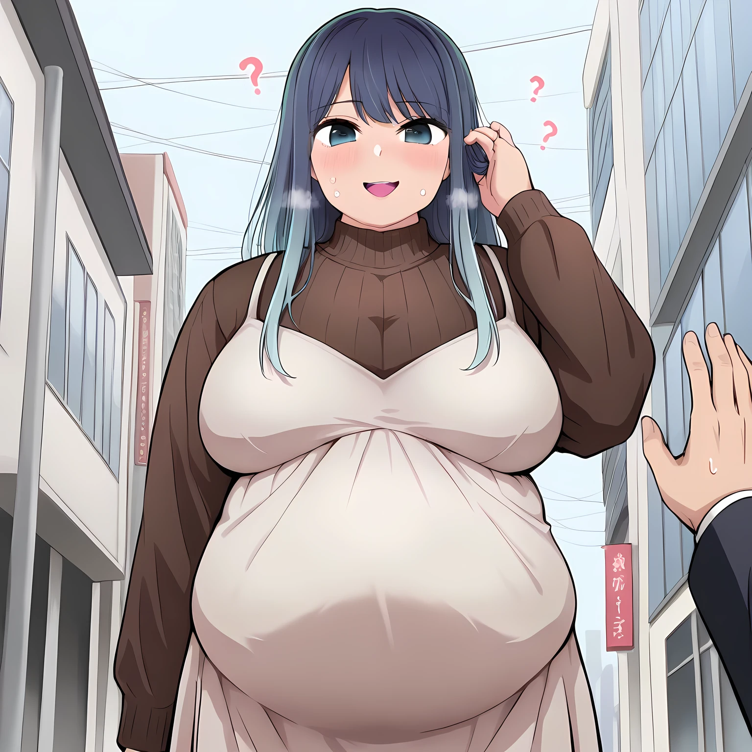 kurokawaakane, 1girl, solo, long hair,, blue hair, long sleeves,, bangs, , gradient hair, upper body, smile, open mouth, turtleneck sweater, aqua eyes, brown sweater, , pinafore dress, standing ,cowboy shot, large breasts, , long dress, days, street, , hand in own hair, looking at viewer, street,, perfect hands bulging belly, fat, chubby, obese, open mouth, out of breath, absurdres, highres icon, rating:General, confused, blush, {flustered}, nervous sweating, portrait, pov hands, hand on another's belly, averting eyes, [looking away], straight-on, from below, swollen face, masterpiece, best quality, ultra-detailed, high resolution, 8K, 