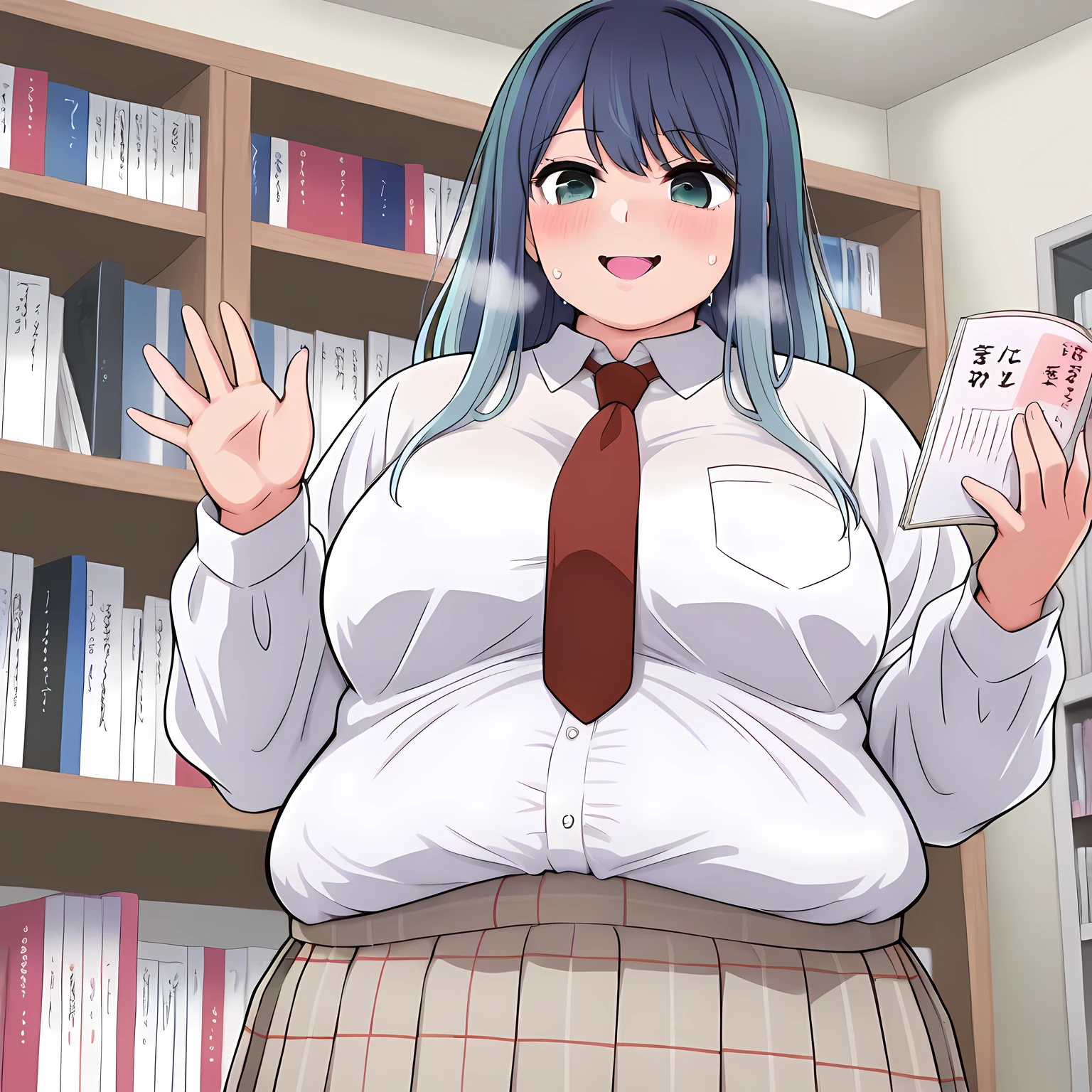 kurokawaakane, 1girl, solo, red necktie, long hair, blue hair, smile, blush, bookshelf, white shirt, open mouth, long sleeves, aqua eyes, book, collared shirt, plaid skirt, indoors, pocket, bangs, pleated skirt, breast pocket, standing, cowboy shot, shirt tucked in . cowboy shot,smile, breasts, holding book, looking down,bulging belly, fat, chubby, obese, open mouth, out of breath, absurdres, highres icon, rating:General, confused, blush, {flustered}, nervous sweating, portrait, pov hands, hand on another's belly, averting eyes, [looking away], straight-on, from below, swollen face, masterpiece, best quality, ultra-detailed, high resolution, 8K,  blue hair