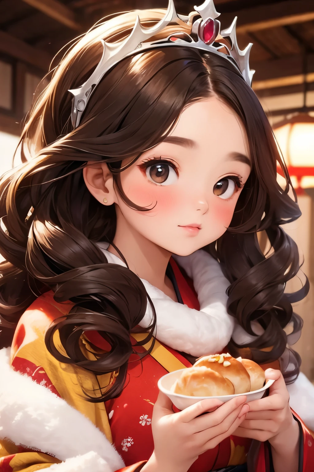  masterpiece， top quality,    girl  ,   young girl， cute， brunette ，Curly Hair, evil         girl  ,       beautiful kimono ， warm scarf  ， tiara ， Your face looks like it emphasizes gentle warm tones， bright color，character ，winter，winterの雪景色， White Breath:1.3， I want to eat Chinese meat buns ！