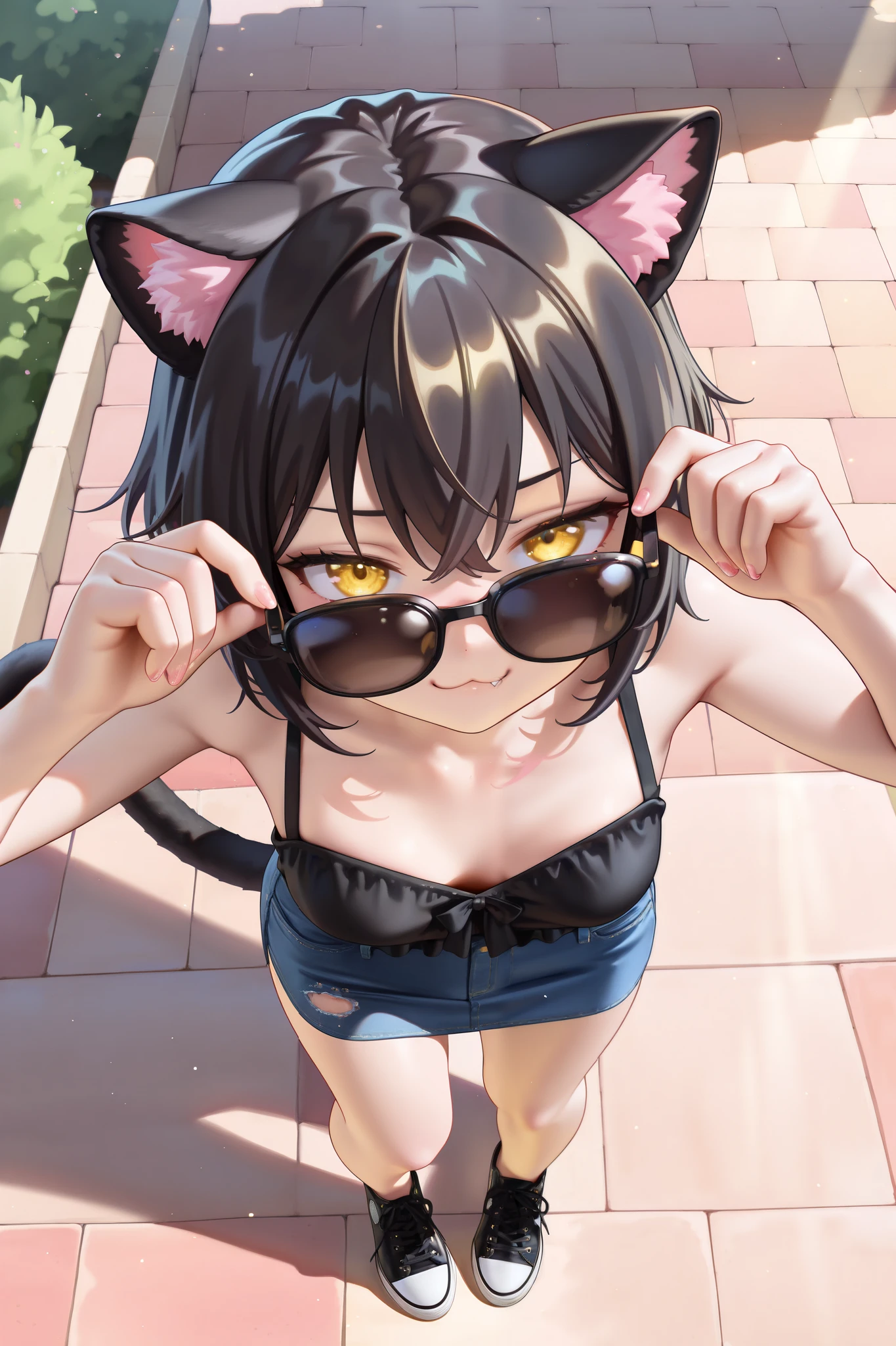 masterpiece, best quality, amazing quality, very aesthetic, high resolution, ultra-detailed, absurdres, newest, 
solo, (young woman, 21 years old), (short stylish black hair), (bright yellow eyes behind cool sunglasses), (nice body, curvaceous, fit), medium breasts, cute face, (cat ears, cat tail), [cute feline fang], blush,  
sleeveless black top, denim miniskirt, thighs, legs, black converse shoes,  
standing, (high angle:1.4), close up, focus on face, smug, :3, playful, 
outdoors, outside suburb house, front lawn, 
BREAK
breathtaking visuals, intricate glowing details, cool dreamy aesthetics, raytracing, 8k, ultra high definition, (subtle depth of field:0.25), (subtle bloom:0.5), soft lights, rich vivid colors, light particles, (damped sunlight:1.3), vibrant textures, dramatic lighting, captivating visuals, smooth anime style, 