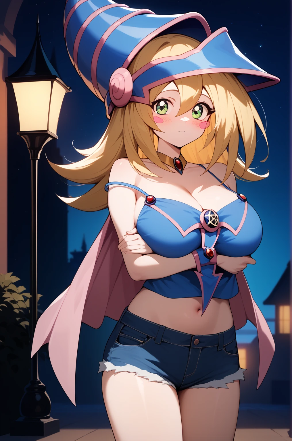 masterpiece,best quality,{{detailed beautiful face and eyes}}, 
Dark Magician Girl,{{{megami magazine}}},long hair,blonde hair,wizard hat,green eyes,large breasts,
camisole, bare shoulders, cleavage, crop top, cutoffs, denim shorts, midriff, short shorts, spaghetti strap,
1girl,(is embarrassing,big blush,closed mouth,steam:1.0),
((standing,cowboy shot,looking at viewer,breast hold:1.2)),
(night city background:1.0),clothed