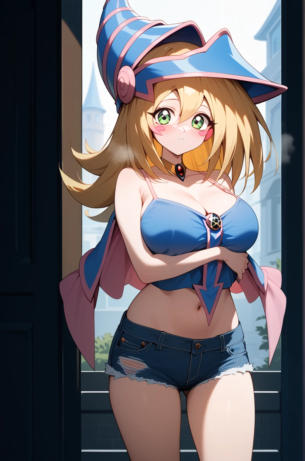 masterpiece,best quality,{{detailed beautiful face and eyes}}, 
Dark Magician Girl,{{{megami magazine}}},long hair,blonde hair,wizard hat,green eyes,large breasts,
camisole, bare shoulders, cleavage, crop top, cutoffs, denim shorts, midriff, short shorts, spaghetti strap,
1girl,(is embarrassing,big blush,closed mouth,steam:1.0),
((standing,cowboy shot,looking at viewer,breast hold:1.2)),
(night city background:1.0),clothed