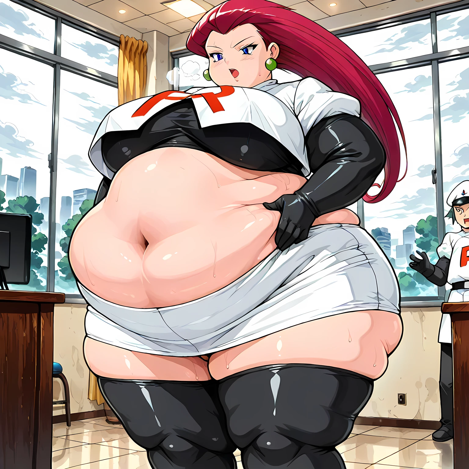 masterpiece, best quality, absurdres, highres, detailed background, 1girl, jessie \(pokemon\), long hair, hair slicked back,  navel, team rocket uniform, black crop top, white jacket, black gloves, miniskirt, black thighhighs,  fat, chubby, obese, gigantic arms and legs, large breasts open mouth, out of breath