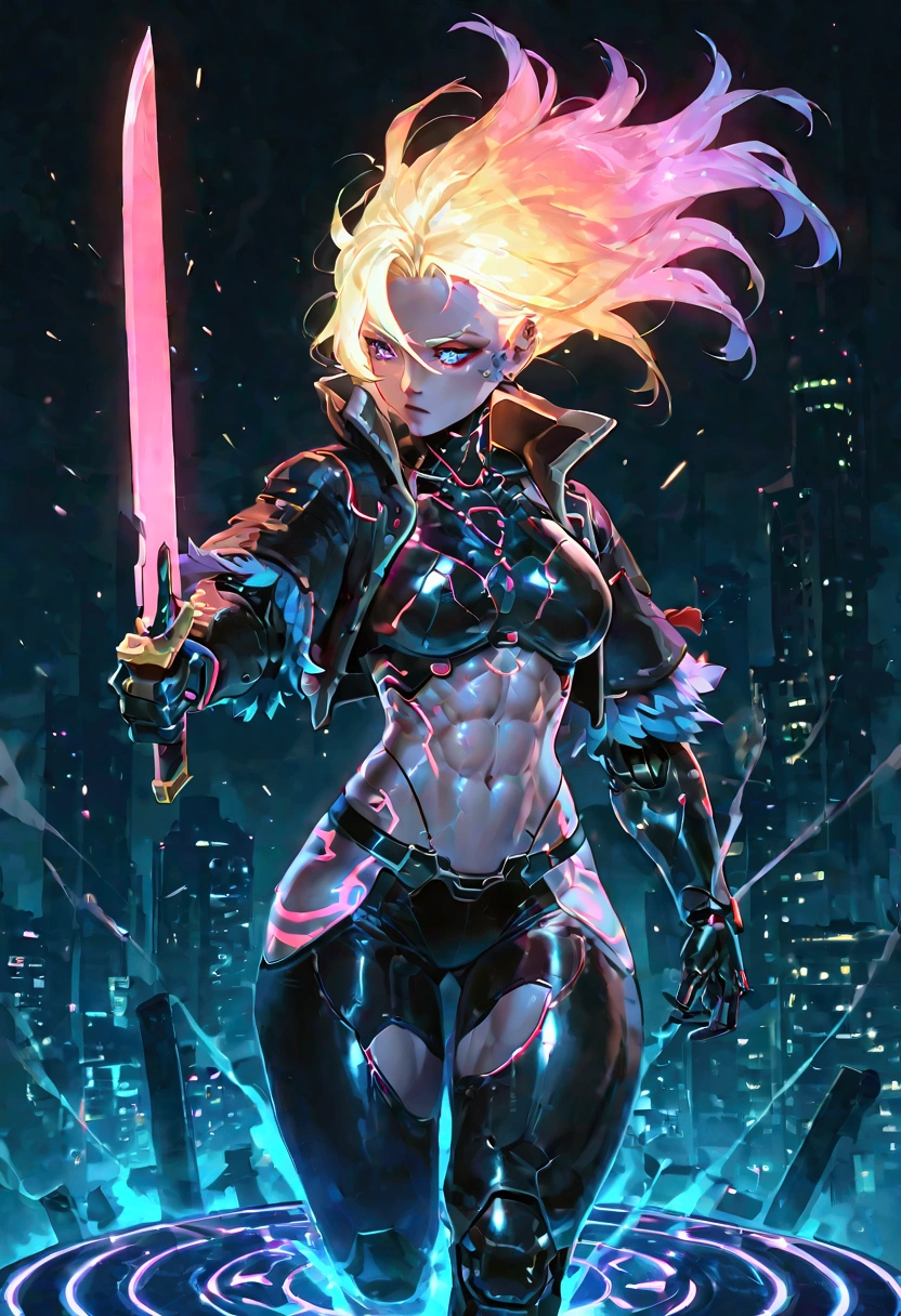 Female cyborg ghost warrior, wearing cyberpunk barbarian clothes, sexy, well-toned abs, fighting with a sword, cyberpunk, fighting