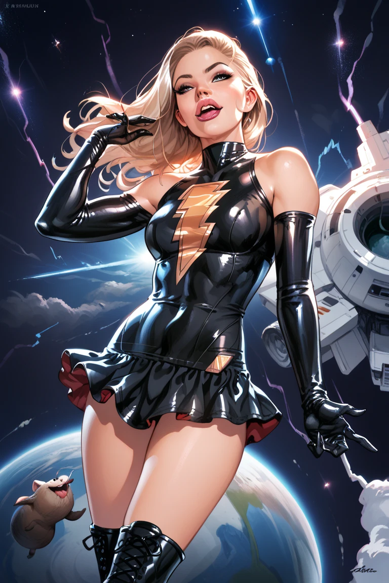 Sexy mary marvel,flying in space,tight black suit,detailled face,detailled abs,longue gloves,high boots,mini-skirt,bare shoulder