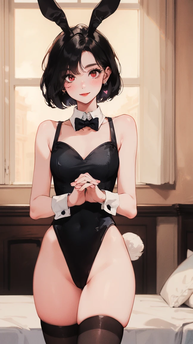 Shino Asada, shino asada, (black eye:1.5), black hair, hair between eyes, hair ribbon, short hair, side lock, Glasses, blush,embarrassing,angry,(small breasts:1.2),(Bunny girl:1.5),(Green Playboy Bunny:1.0),black pantyhose,stiletto heels,Cross your arms to hide your chest,
break looking at viewer,
break indoors, room,
break (masterpiece:1.2), highest quality, High resolution, unity 8k wallpaper, (figure:0.8), (detailed and beautiful eyes:1.6), highly detailed face, perfect lighting, Very detailed CG, (perfect hands, perfect anatomy),