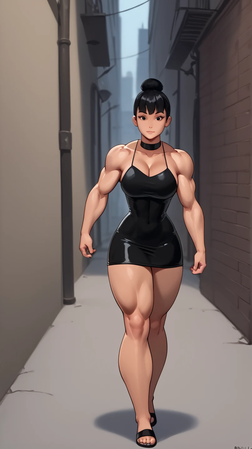 ((late evening)), ((summer evening)), ((muscular woman in a dark alley)), hypermuscular 19 yo ((russian)) woman, rich elitist girl, massive bulky (extremely muscular: 1.5), breathtakingly beautiful muscle woman, (long) black hair, steel-hard hypermuscular body, haughty arrogant proud, muscular powerful bodybuilder physique, perfect flawless musculature, wearing ((black minidress: 1.8)), muscular thick arms