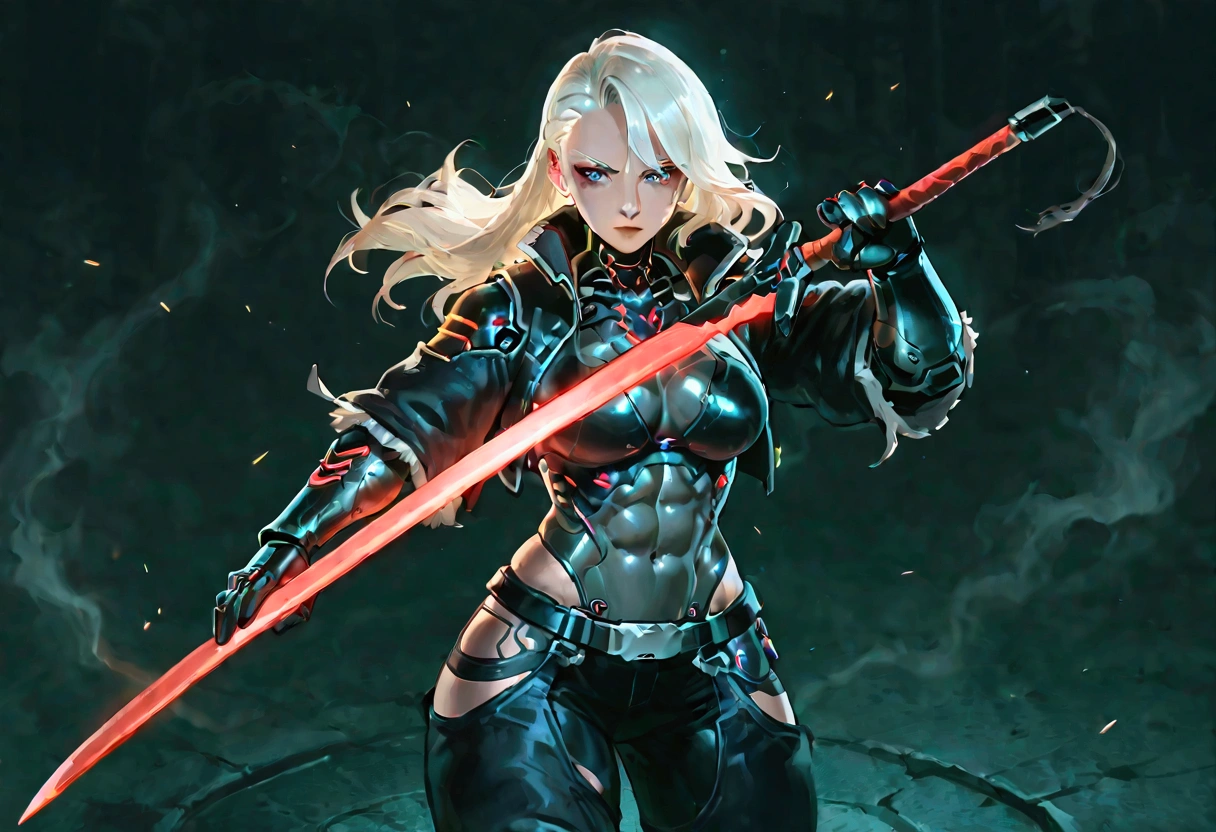 Female cyborg ghost warrior, wearing cyberpunk barbarian clothes, sexy, well-toned abs, fighting with a sword, cyberpunk, fighting