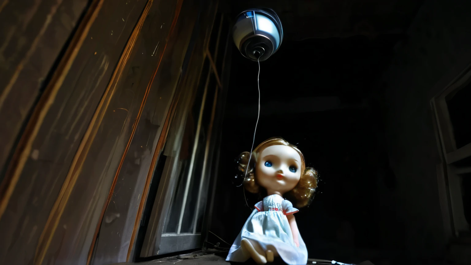 camera looking up at an old wooden doll levitating, hovering, in a dark shadowed corner of a derelict house