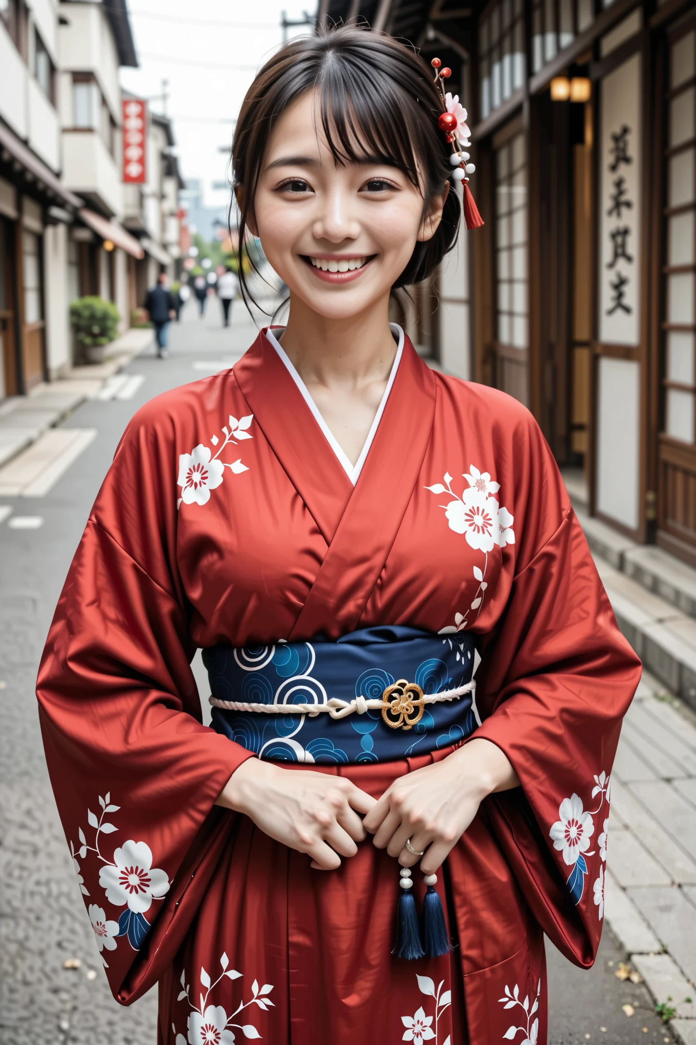  Japanese woman, ( Photorealistic), ( small smile ),Midi Hair,  red kimono, Clear weather、Long-sleeved kimono, Luxurious classical pattern kimono、New Year、　 Japanese Style Hair Ornaments 、
