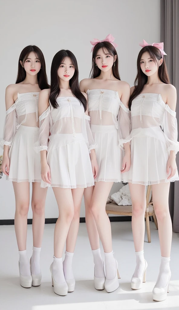 A full-body portrayal of a group of four young asia women standing in a clean, modern indoor setting. They are dressed in matching outfits featuring off-shoulder tops made from sheer, see-through fabric, delicately designed to reveal a soft and elegant aesthetic. The tops are paired with white pleated mini skirts, maintaining a cohesive and fashionable look. Each of them wears white platform high-heeled shoes and white ankle socks, perfectly complementing the ensemble. Their long, dark hair is styled neatly, with one individual accessorizing with a pink bow. They stand confidently in a synchronized pose, exuding grace and charm, with the soft lighting enhancing the delicate texture of their sheer tops and creating a visually captivating atmosphere