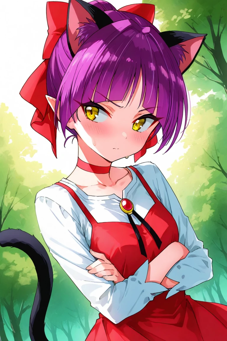 core_9,score_8_up,score_7_up,source_anime,rating_safe,nekomusume,Cute chibi,cat ears,cat tail,slightly troubled face,sweat,looking away,arms crossed,cat girl,cat girl,Red choker,hair ribbon,pointed ears,red ribbon,nmm1,nekomusume\(gegege no kitarou 6\),1girl, purple hair,yellow eyes,solo,red dress,red choker,hair bow,pointy ears,short hair,white shirt,long sleeves,red bow,bangs,collarbone,brooch,jewelry