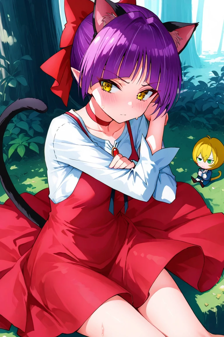 core_9,score_8_up,score_7_up,source_anime,rating_safe,nekomusume,Cute chibi,cat ears,cat tail,slightly troubled face,sweat,looking away,arms crossed,cat girl,cat girl,Red choker,hair ribbon,pointed ears,red ribbon,nmm1,nekomusume\(gegege no kitarou 6\),1girl, purple hair,yellow eyes,solo,red dress,red choker,hair bow,pointy ears,short hair,white shirt,long sleeves,red bow,bangs,collarbone,brooch,jewelry