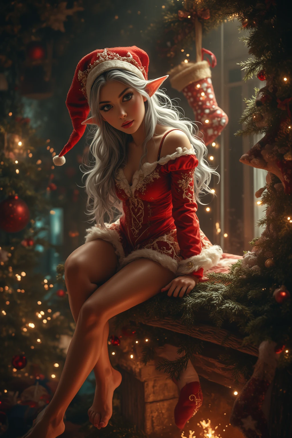 a beautiful blue-skinned elf girl with delicate sapphire hair, ice blue eyes in a red and green bikini, playing in the snow outside Santa's workshop on a starry night, lots of Christmas decorations, ultra-realistic, 8k, highly detailed, masterpiece, volumetric lighting, photorealistic, intricate, elegant, ethereal, whimsical, fantasy, soft warm lighting