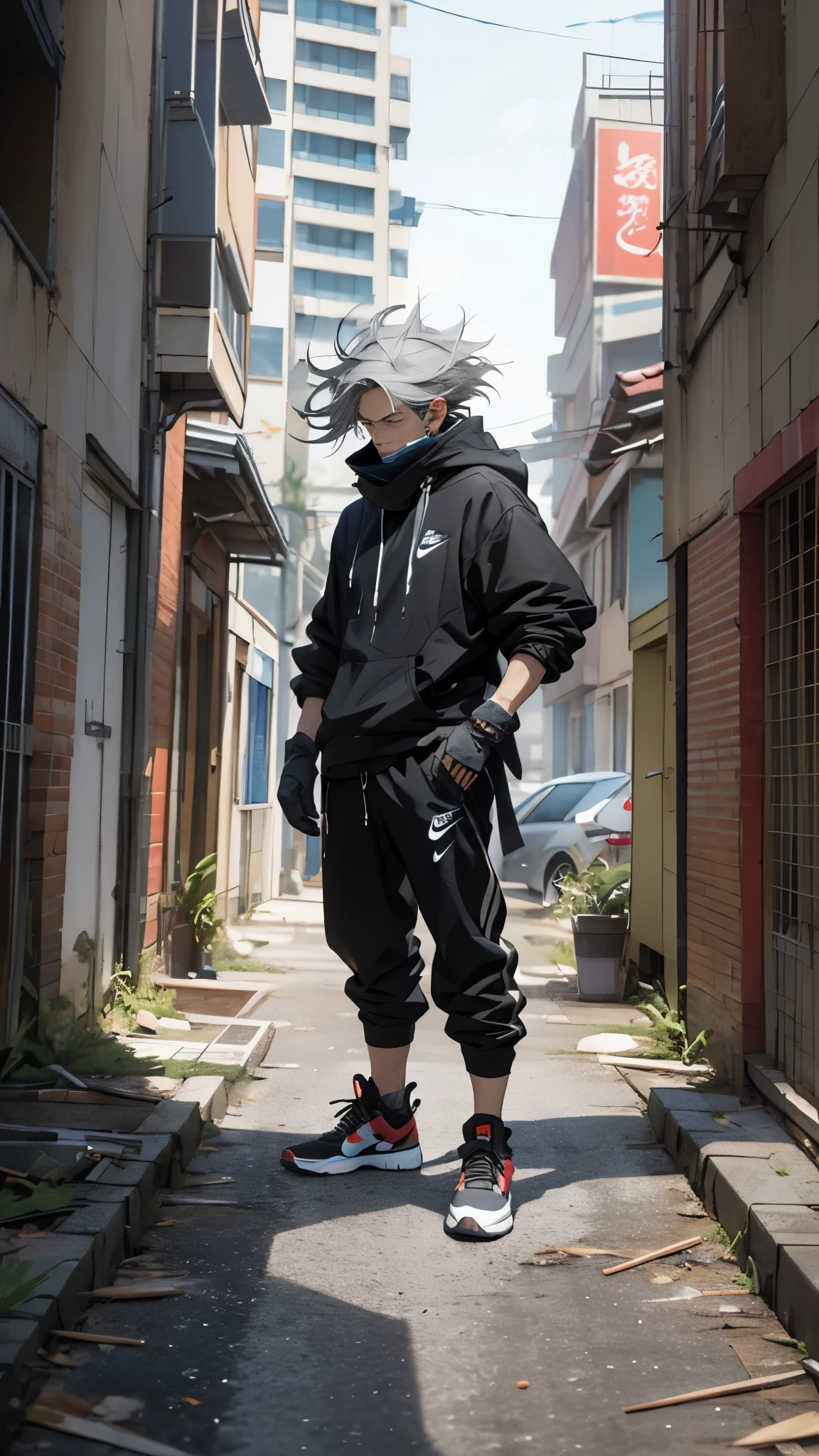  Live Action、 Genuine、(((AS-Adult))) , Handsome Ninja，Lean and muscular, Wear gloves ， red muffler ,  upper body、Standing on the roof of a decayed multi-tenant building、 straight hair  , Jet Black Clothes ,  shortcuts、Gray Hair， messy hair、hair blowing in the wind、metal frame 、Nike tech sneakers in black