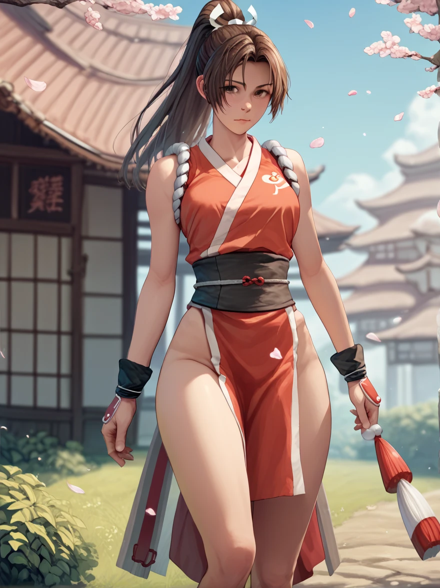 masterpiece, absurdres ,1girl, haruno sakura,forehead mark, red hairband, red sleeveless dress, white panties,no pants,navel,   groin,   bracelet, looking at viewer, crossed arms, smile, cherry blossoms, wind, floating hair,big ass, nsfw