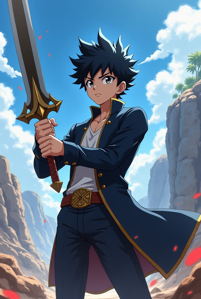 Demon Slayer Screenshot. 
Boy with black hair, white eyes, a scar on his left eye, a smile and a blue and white katana. Muscular body, no shirt, and baggy pants. 
