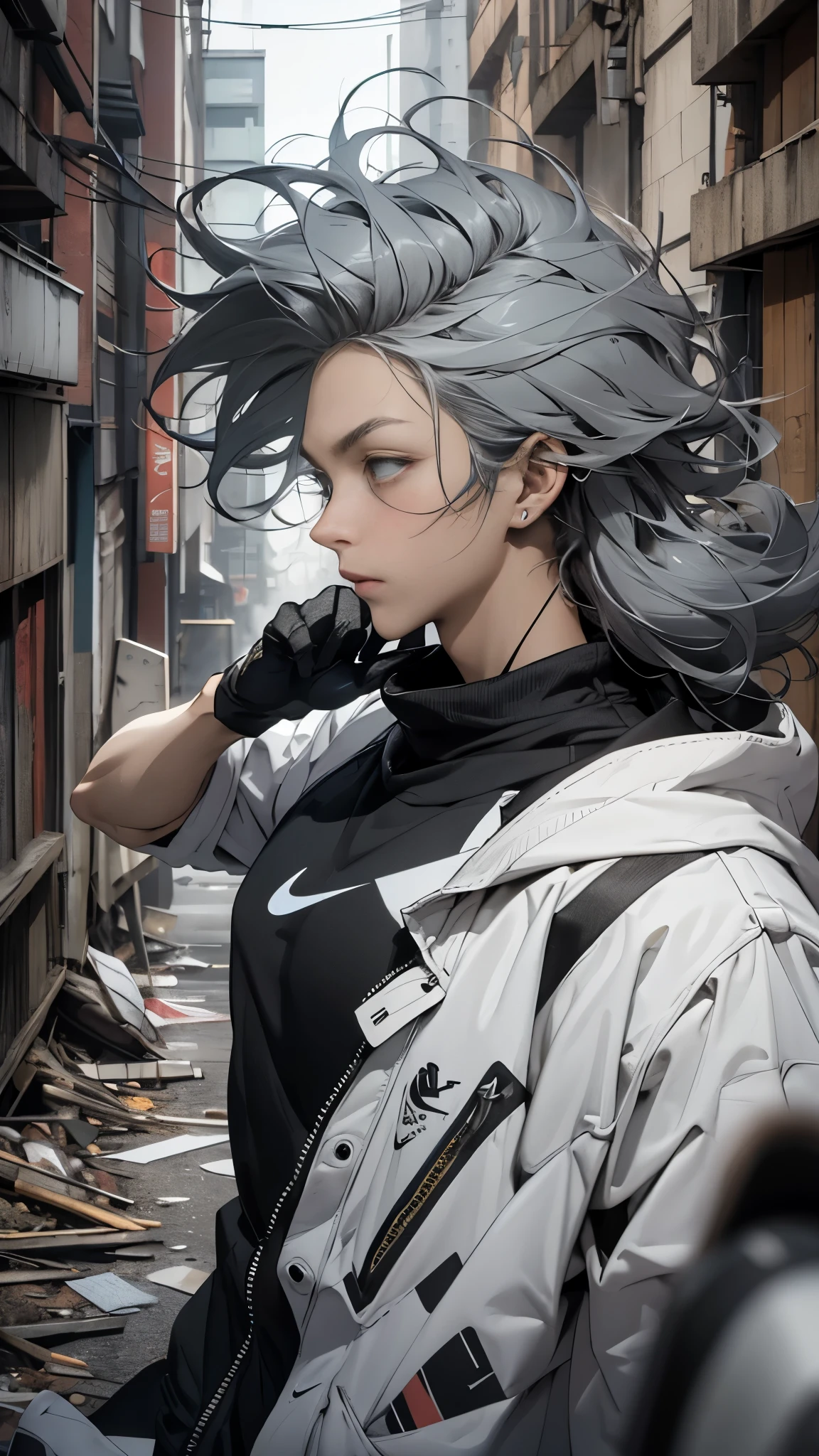 Live Action 、 Genuine、(((AS-Adult))) , Handsome Ninja,Lean and muscular, Wear gloves , red muffler , upper body、Aim for the roof of a decayed multi-tenant building、 straight hair , Jet Black Clothes , shortcuts、Gray Hair, messy hair、hair blowing in the wind、metal frame 、Nike tech sneakers in black