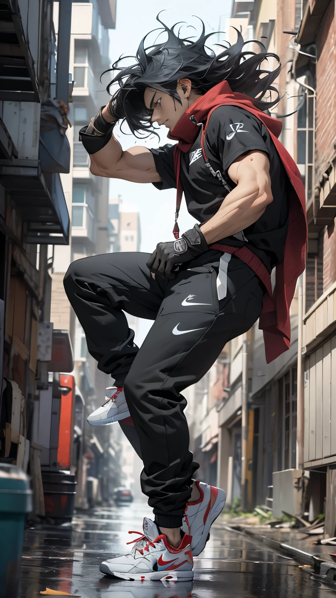  Live Action、 Genuine、(((AS-Adult))) , Handsome Ninja，Lean and muscular, Wear gloves ， red muffler ,  upper body、Aim for the roof of a decayed multi-tenant building、 straight hair  , Jet Black Clothes ,  shortcuts、Gray Hair， messy hair、hair blowing in the wind、metal frame 、Nike tech sneakers in black